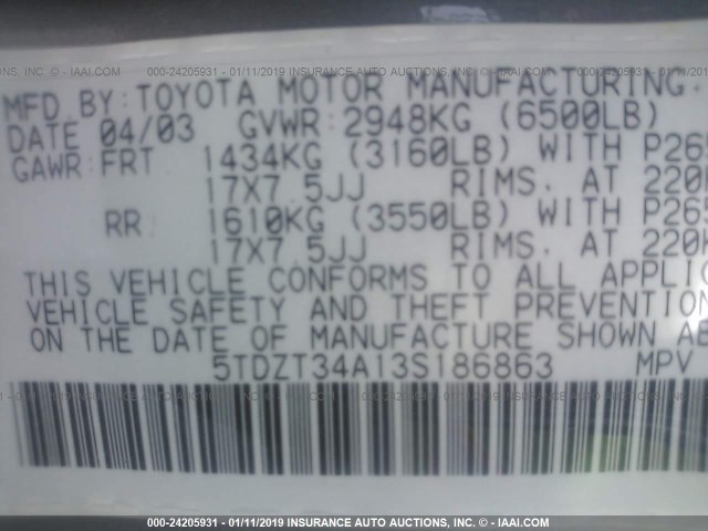 5TDZT34A13S186863 - 2003 TOYOTA SEQUOIA SR5 SILVER photo 9