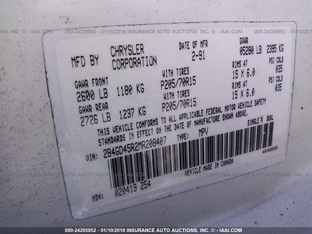 2B4GD45R2MR208407 - 1991 DODGE CARAVAN SE WHITE photo 9