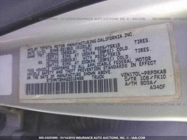 5TEHN72N42Z012466 - 2002 TOYOTA TACOMA DOUBLE CAB 银色 照片 9