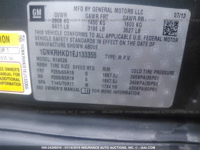 1GNKRHKD1EJ133355 - 2014 CHEVROLET TRAVERSE LT GRAY photo 9