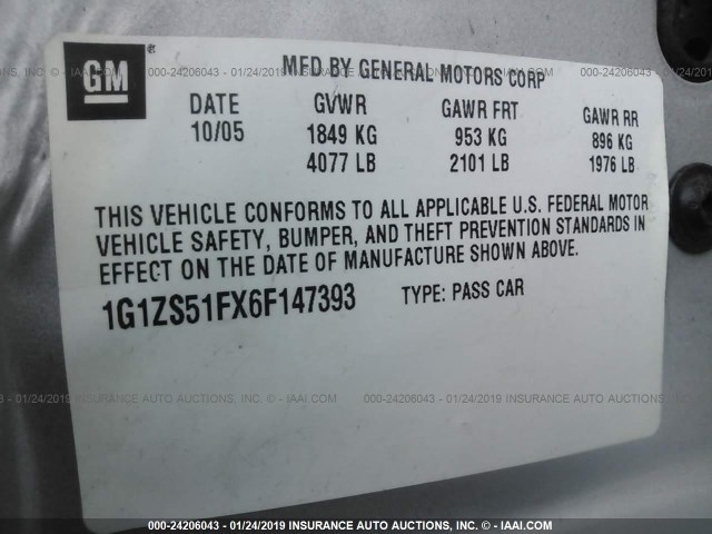 1G1ZS51FX6F147393 - 2006 CHEVROLET MALIBU LS ვერცხლისფერი ფოტო 9