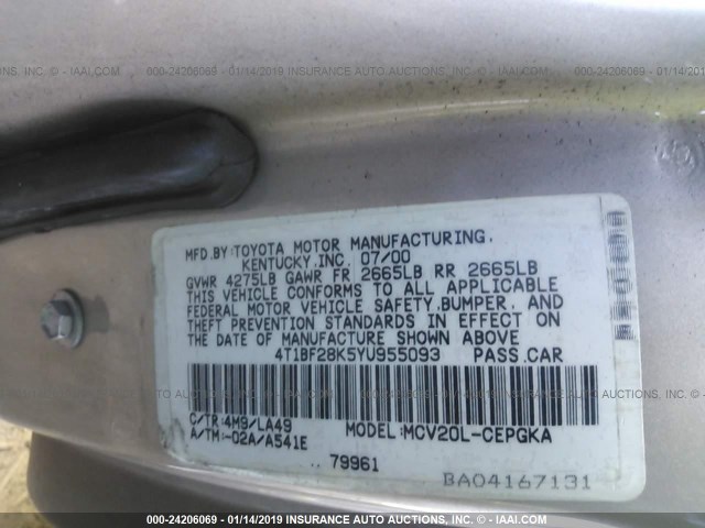 4T1BF28K5YU955093 - 2000 TOYOTA CAMRY LE/XLE GOLD photo 9