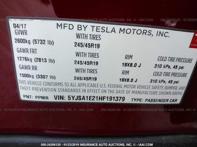 5YJSA1E21HF191379 - 2017 TESLA MODEL S RED photo 9