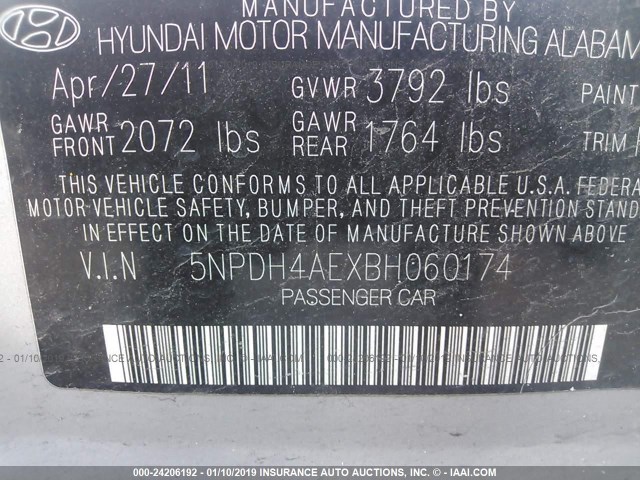 5NPDH4AEXBH060174 - 2011 HYUNDAI ELANTRA GLS/LIMITED SILVER photo 9