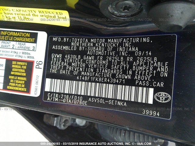 4T4BF1FK8ER439471 - 2014 TOYOTA CAMRY L/SE/LE/XLE 黑色 照片 9