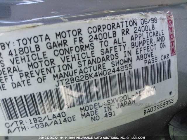 JT2BG28K4W0244855 - 1998 TOYOTA CAMRY LE/XLE GRAY photo 9
