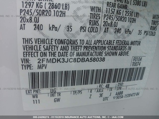 2FMDK3JC8DBA58038 - 2013 FORD EDGE SEL WHITE photo 9