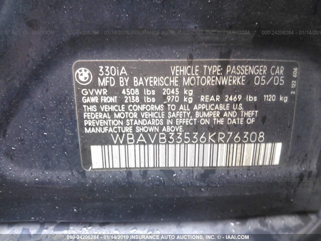 WBAVB33536KR76308 - 2006 BMW 330 I BLUE photo 9