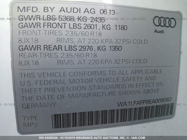 WA1LFAFP8EA009062 - 2014 AUDI Q5 PREMIUM PLUS WHITE photo 9