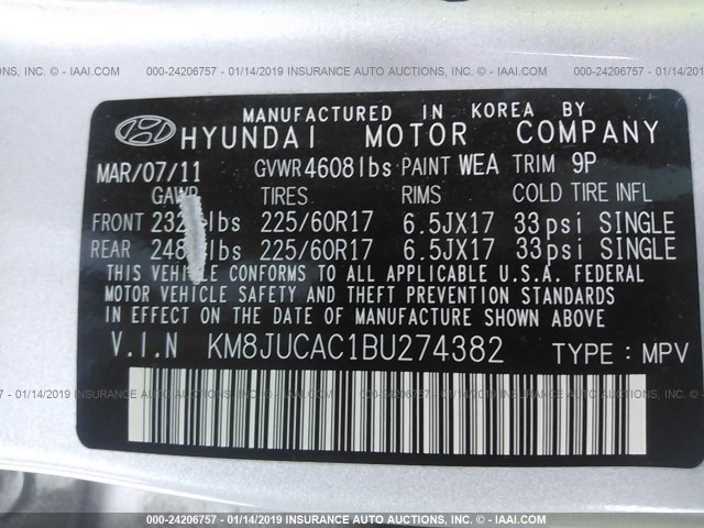 KM8JUCAC1BU274382 - 2011 HYUNDAI TUCSON GLS/LIMITED 灰色 照片 9