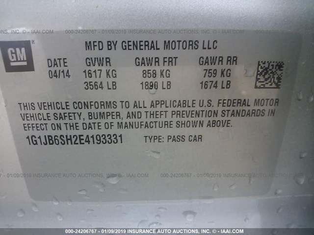 1G1JB6SH2E4193331 - 2014 CHEVROLET SONIC LS 银色 照片 9