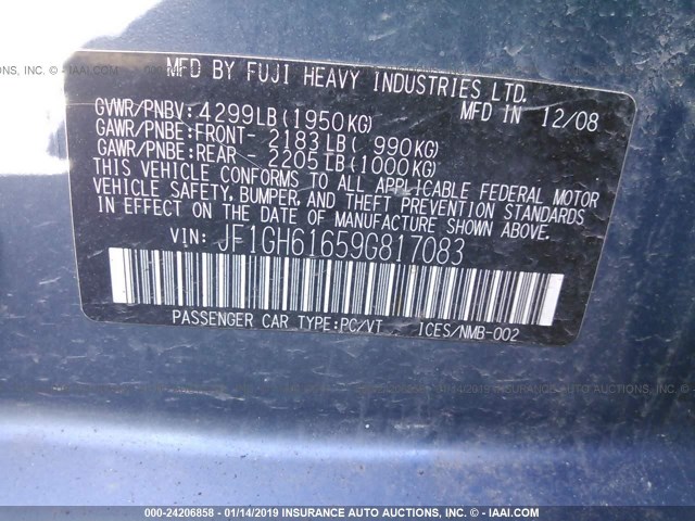 JF1GH61659G817083 - 2009 SUBARU IMPREZA BLUE photo 9