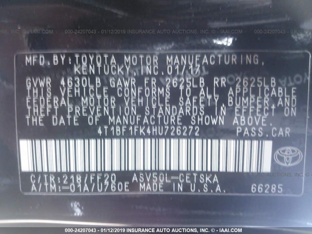 4T1BF1FK4HU726272 - 2017 TOYOTA CAMRY LE/XLE/SE/XSE შავი ფოტო 9