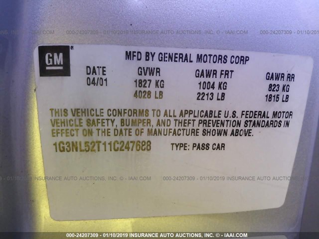 1G3NL52T11C247688 - 2001 OLDSMOBILE ALERO GL SILVER photo 9