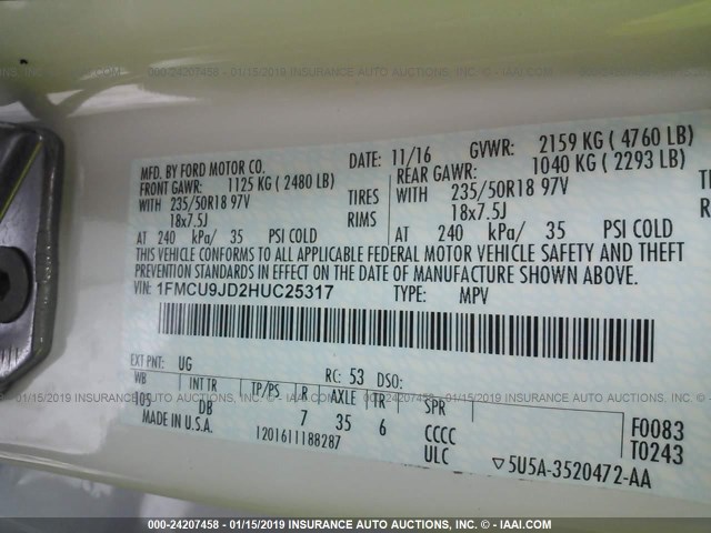 1FMCU9JD2HUC25317 - 2017 FORD ESCAPE TITANIUM 白色 照片 9