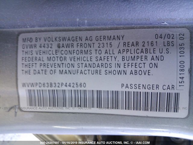 WVWPD63B32P442560 - 2002 VOLKSWAGEN PASSAT GLS GRAY photo 9