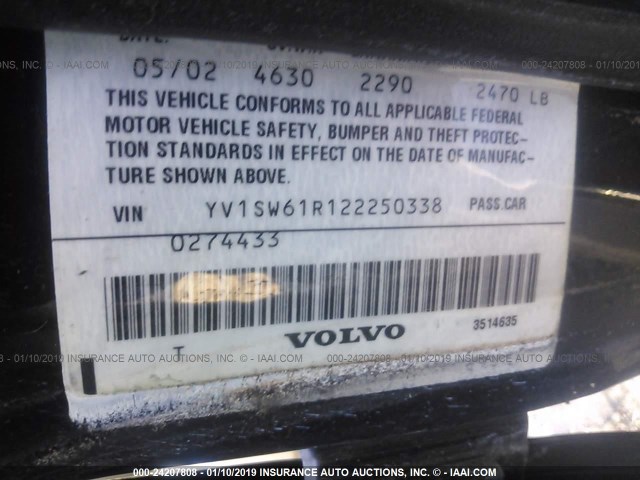 YV1SW61R122250338 - 2002 VOLVO V70 BLACK photo 9