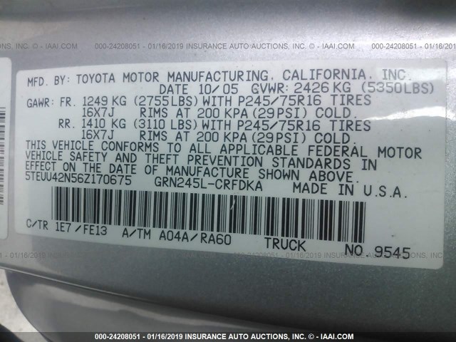 5TEUU42N56Z170675 - 2006 TOYOTA TACOMA ACCESS CAB ვერცხლისფერი ფოტო 9
