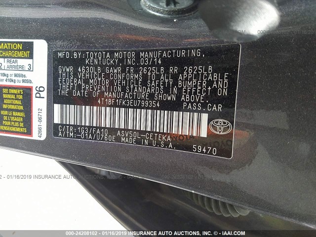 4T1BF1FK3EU799354 - 2014 TOYOTA CAMRY L/SE/LE/XLE 灰色 照片 9