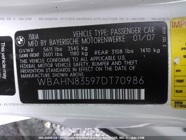 WBAHN83597DT70986 - 2007 BMW 750 WHITE photo 9