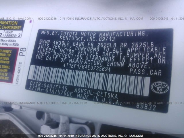 4T1BF1FK4EU735694 - 2014 TOYOTA CAMRY L/SE/LE/XLE WHITE photo 9