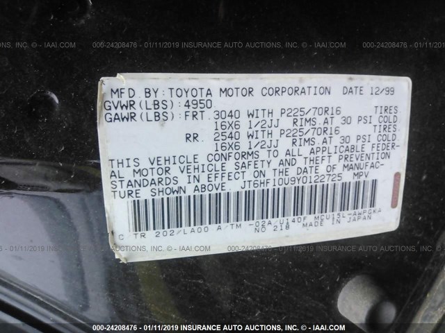 JT6HF10U9Y0122725 - 2000 LEXUS RX 300 BLACK photo 9