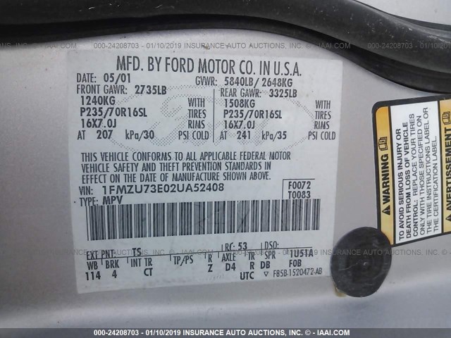 1FMZU73E02UA52408 - 2002 FORD EXPLORER XLT SILVER photo 9