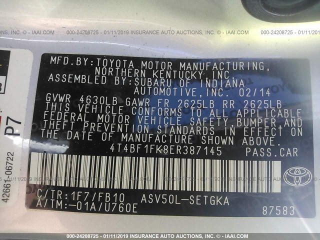 4T4BF1FK8ER387145 - 2014 TOYOTA CAMRY L/SE/LE/XLE 银色 照片 9