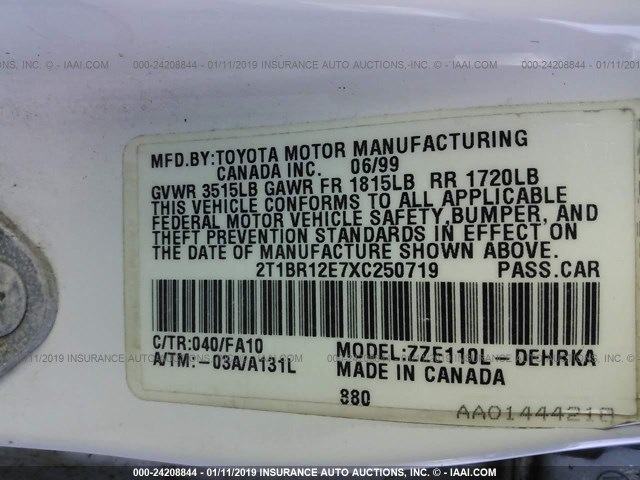 2T1BR12E7XC250719 - 1999 TOYOTA COROLLA VE/CE/LE WHITE photo 9