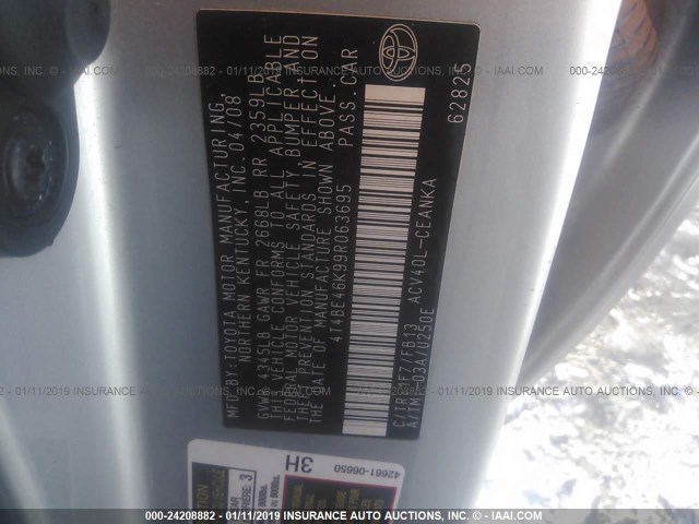 4T4BE46K99R063695 - 2009 TOYOTA CAMRY SE/LE/XLE 银色 照片 9