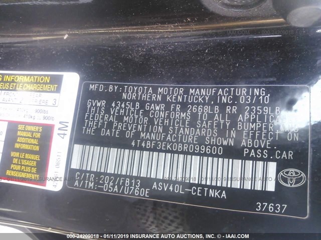 4T4BF3EK0BR099600 - 2011 TOYOTA CAMRY SE/LE/XLE 黑色 照片 9