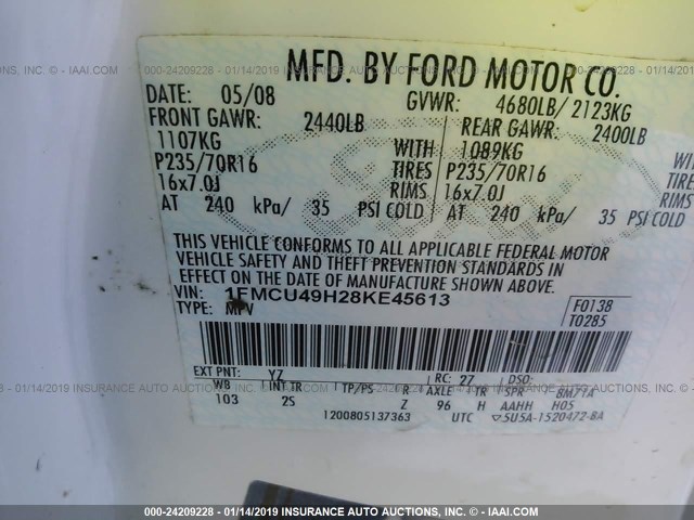 1FMCU49H28KE45613 - 2008 FORD ESCAPE HEV WHITE photo 9