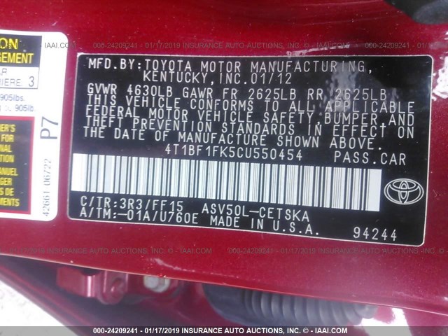 4T1BF1FK5CU550454 - 2012 TOYOTA CAMRY SE/LE/XLE 红色 照片 9