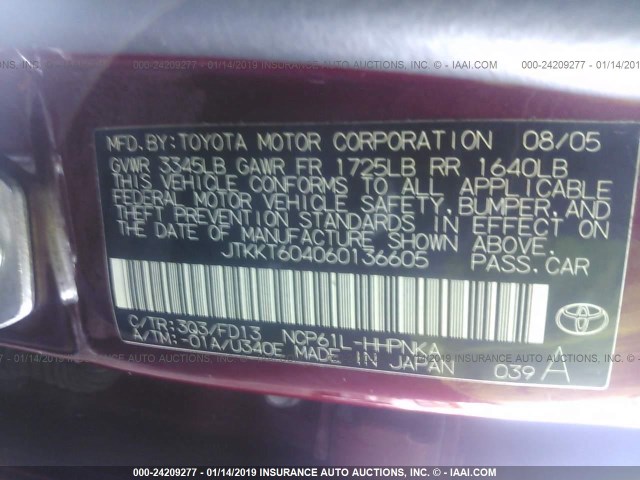 JTKKT604060136605 - 2006 TOYOTA SCION XA MAROON photo 9