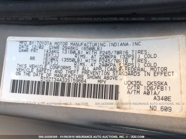 5TDZT34A33S159664 - 2003 TOYOTA SEQUOIA SR5 GRAY photo 9