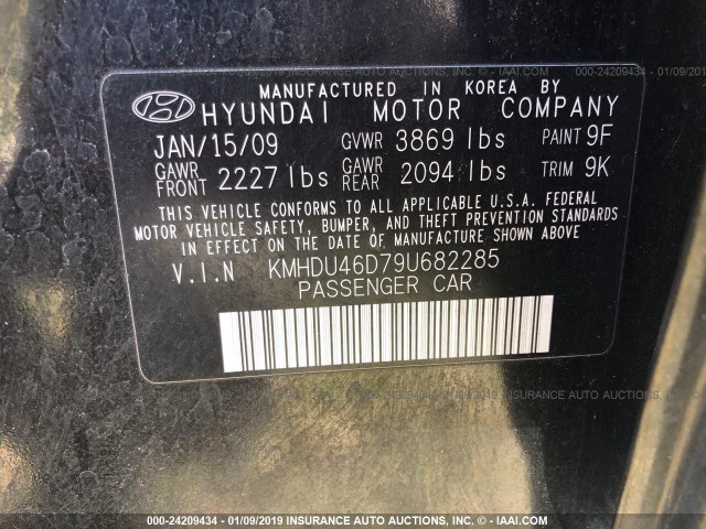 KMHDU46D79U682285 - 2009 HYUNDAI ELANTRA BLACK photo 9