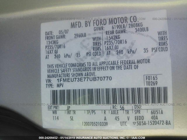 1FMEU73E77UB70770 - 2007 FORD EXPLORER XLT SILVER photo 9