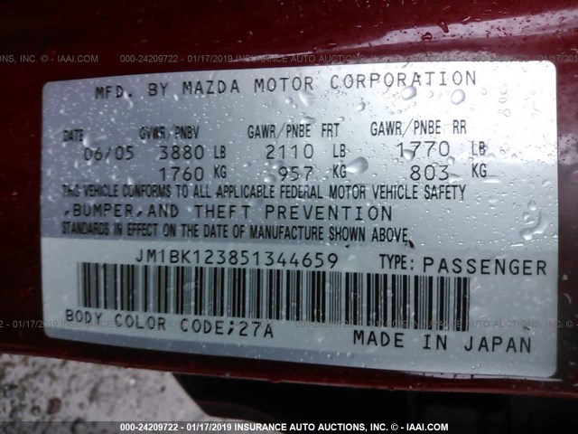 JM1BK123851344659 - 2005 MAZDA 3 S RED photo 9