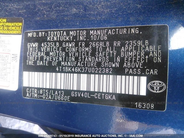 4T1BK46K37U022382 - 2007 TOYOTA CAMRY NEW GENERAT LE/XLE/SE Dark Blue photo 9