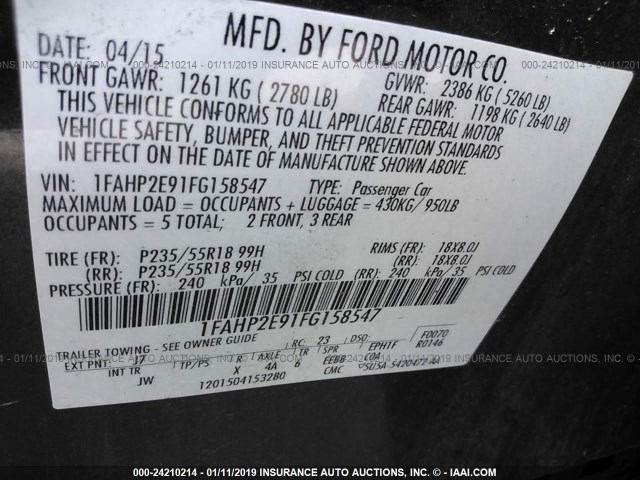 1FAHP2E91FG158547 - 2015 FORD TAURUS SEL GRAY photo 9