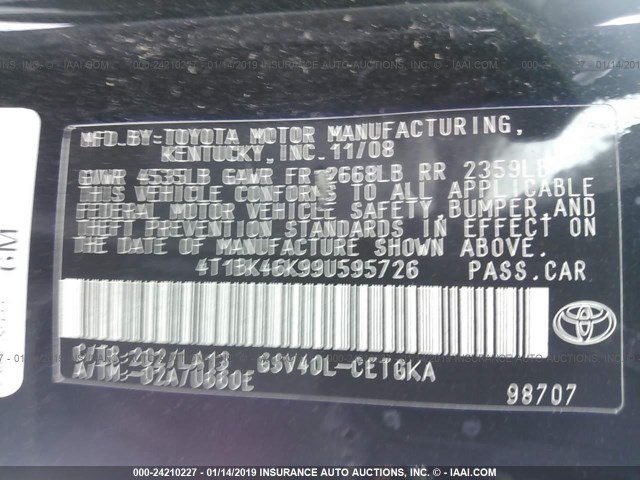 4T1BK46K99U595726 - 2009 TOYOTA CAMRY SE/LE/XLE BLACK photo 9