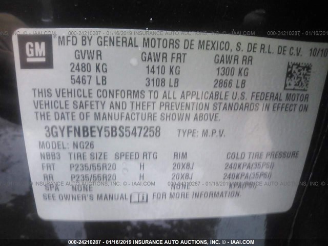 3GYFNBEY5BS547258 - 2011 CADILLAC SRX PERFORMANCE COLLECTION Қара фото 9