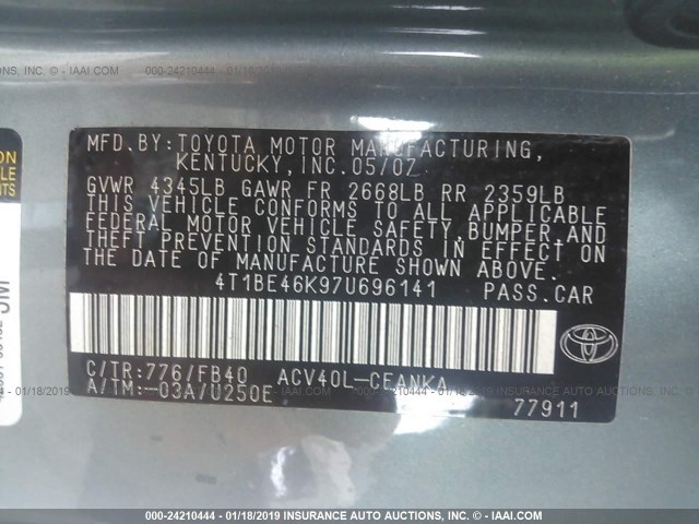 4T1BE46K97U696141 - 2007 TOYOTA CAMRY NEW GENERAT CE/LE/XLE/SE GREEN photo 9