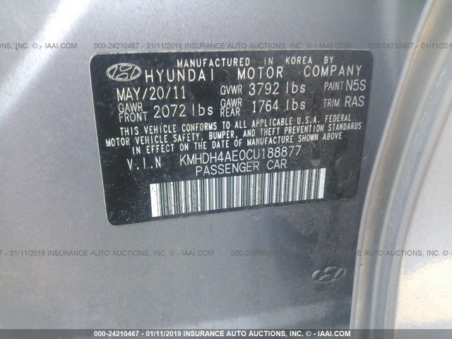 KMHDH4AE0CU188877 - 2012 HYUNDAI ELANTRA GLS/LIMITED GRAY photo 9