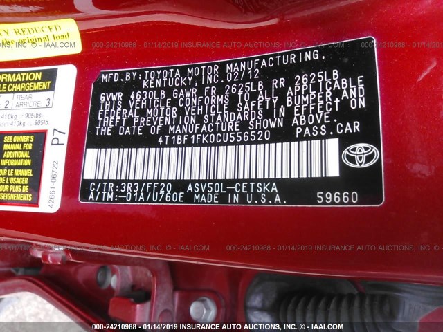 4T1BF1FK0CU556520 - 2012 TOYOTA CAMRY SE/LE/XLE 红色 照片 9