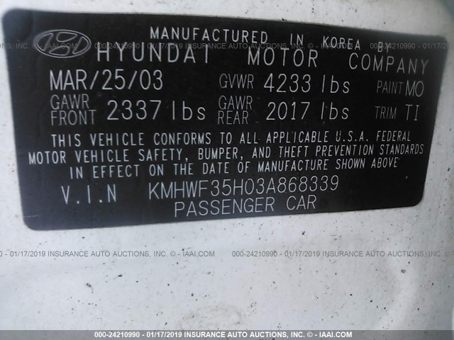 KMHWF35H03A868339 - 2003 HYUNDAI SONATA GLS/LX WHITE photo 9