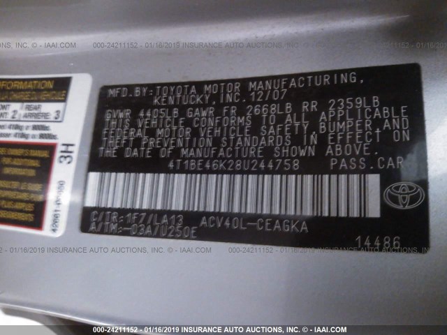 4T1BE46K28U244758 - 2008 TOYOTA CAMRY CE/LE/XLE/SE SILVER photo 9