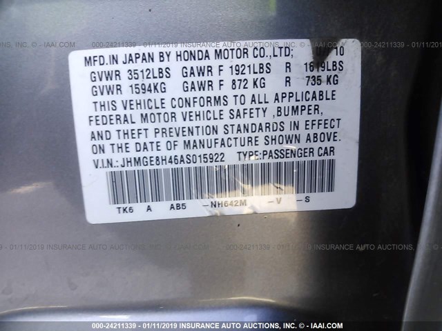 JHMGE8H46AS015922 - 2010 HONDA FIT SPORT GRAY photo 9