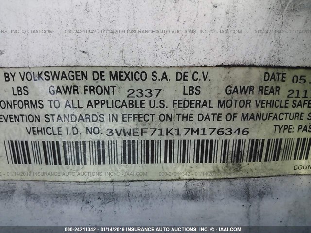 3VWEF71K17M176346 - 2007 VOLKSWAGEN JETTA WOLFSBURG 白色 照片 9