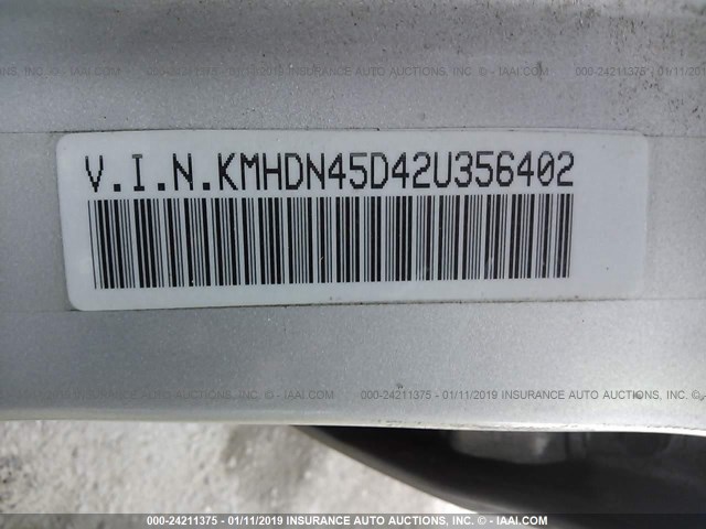 KMHDN45D42U356402 - 2002 HYUNDAI ELANTRA GLS/GT GRAY photo 9